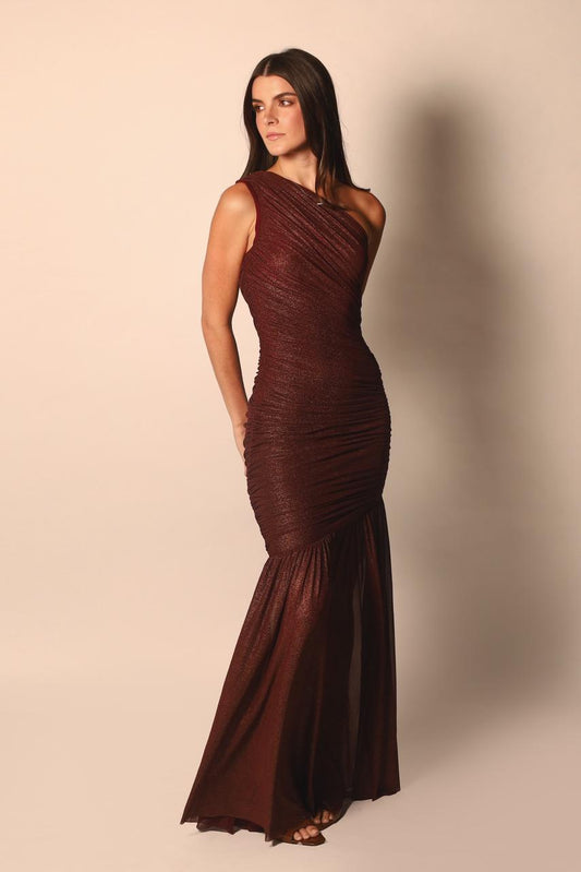 VESTIDO VINO LARGO CON BRILLOS